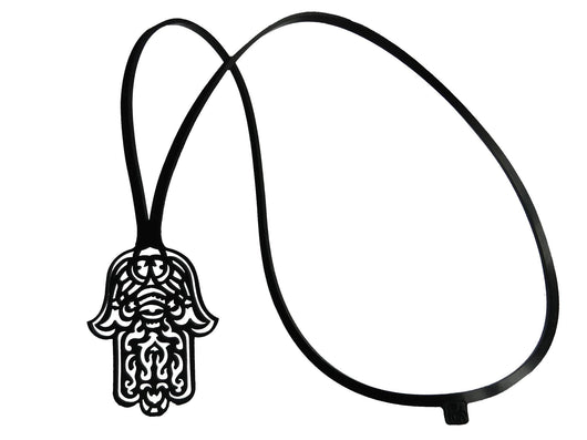 Hamsa evil eye amulet, long black rubber necklace