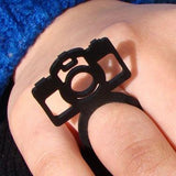 Photo Camera Ring, Black Natural Rubber Statement Ring